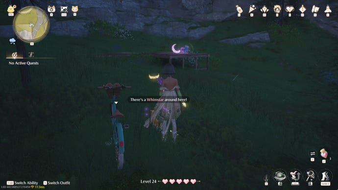 Nikki in Infinity Nikki in the process of collecting a Whimstar in the region of Breezy Meadow.