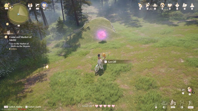 Nikki in Infinity Nikki in the process of collecting a Whimstar in the region of Breezy Meadow.