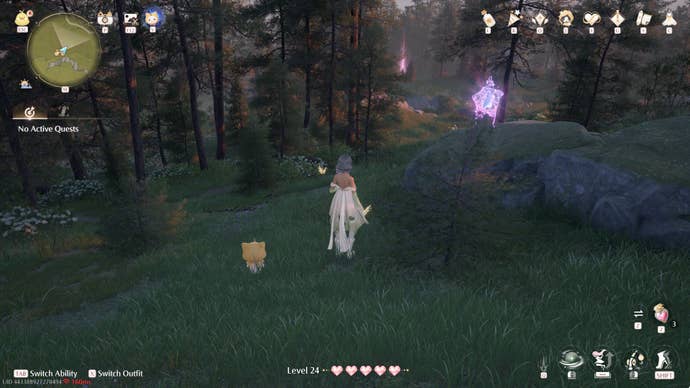 Nikki in Infinity Nikki in the process of collecting a Whimstar in the region of Breezy Meadow.