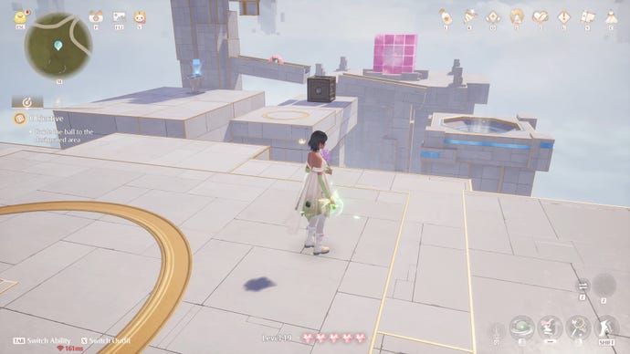 Nikki in Infinity Nikki in the process of collecting a Whimstar in the region of Breezy Meadow.