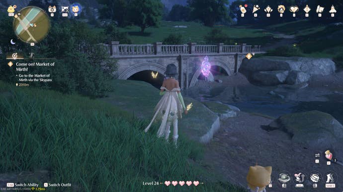 Nikki in Infinity Nikki in the process of collecting a Whimstar in the region of Breezy Meadow.