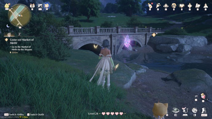 Nikki in Infinity Nikki in the process of collecting a Whimstar in the region of Breezy Meadow.