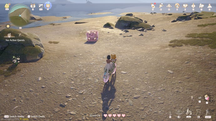 Nikki in Infinity Nikki in the process of collecting a Whimstar in the region of Breezy Meadow.