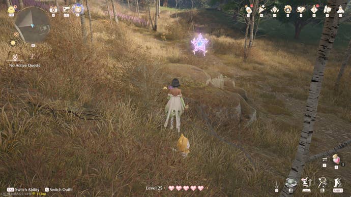 Nikki in Infinity Nikki in the process of collecting a Whimstar in the region of Breezy Meadow.