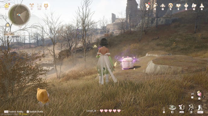 Nikki in Infinity Nikki in the process of collecting a Whimstar in the region of Breezy Meadow.