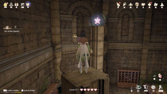 Nikki in Infinity Nikki in the process of collecting a Whimstar in the region of Breezy Meadow.