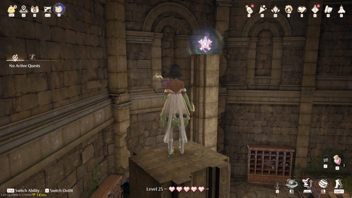 Nikki in Infinity Nikki in the process of collecting a Whimstar in the region of Breezy Meadow.