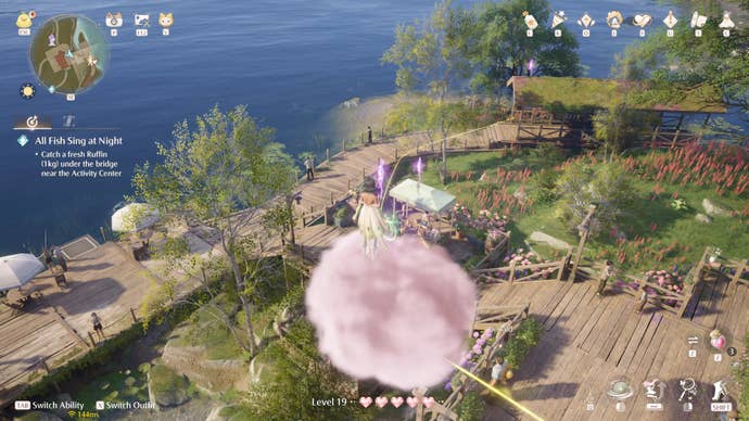 Nikki in Infinity Nikki in the process of collecting a Whimstar in the region of Breezy Meadow.