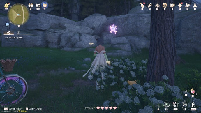 Nikki in Infinity Nikki in the process of collecting a Whimstar in the region of Breezy Meadow.