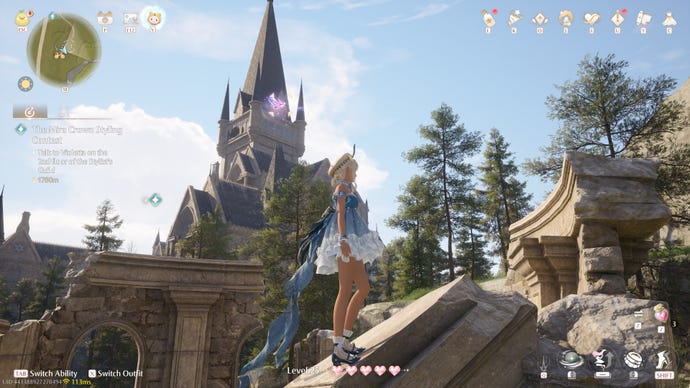 Nikki in Infinity Nikki in the process of collecting a Whimstar in the region of Breezy Meadow.