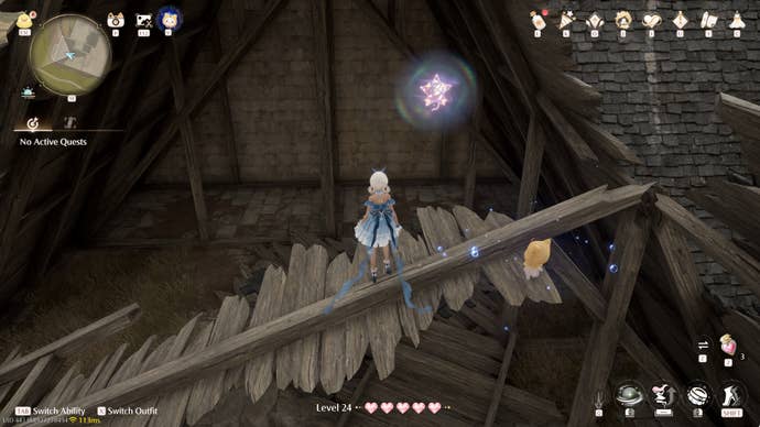 Nikki in Infinity Nikki in the process of collecting a Whimstar in the region of Breezy Meadow.