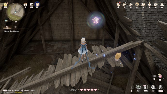 Nikki in Infinity Nikki in the process of collecting a Whimstar in the region of Breezy Meadow.