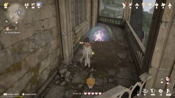 Nikki in Infinity Nikki in the process of collecting a Whimstar in the region of Breezy Meadow.