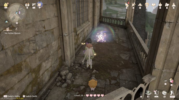 Nikki in Infinity Nikki in the process of collecting a Whimstar in the region of Breezy Meadow.