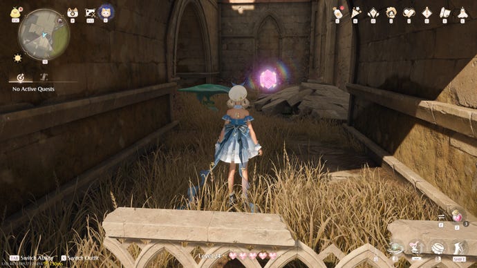 Nikki in Infinity Nikki in the process of collecting a Whimstar in the region of Breezy Meadow.