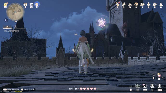 Nikki in Infinity Nikki in the process of collecting a Whimstar in the region of Breezy Meadow.