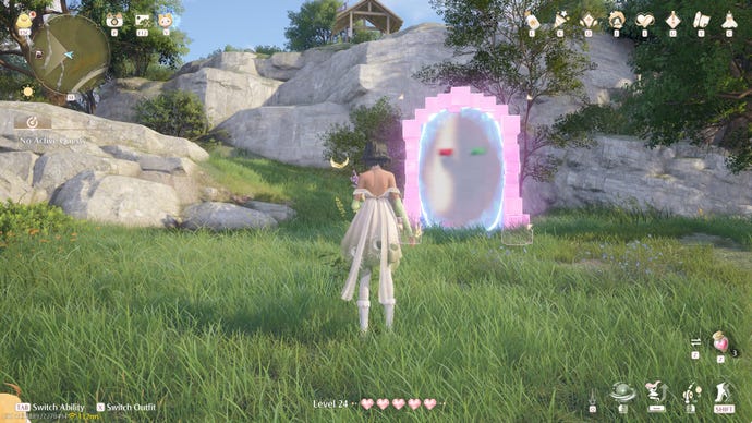 Nikki in Infinity Nikki in the process of collecting a Whimstar in the region of Breezy Meadow.