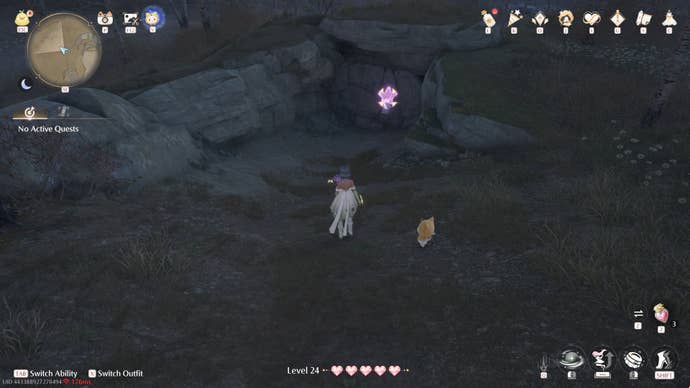 Nikki in Infinity Nikki in the process of collecting a Whimstar in the region of Breezy Meadow.