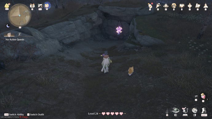 Nikki in Infinity Nikki in the process of collecting a Whimstar in the region of Breezy Meadow.