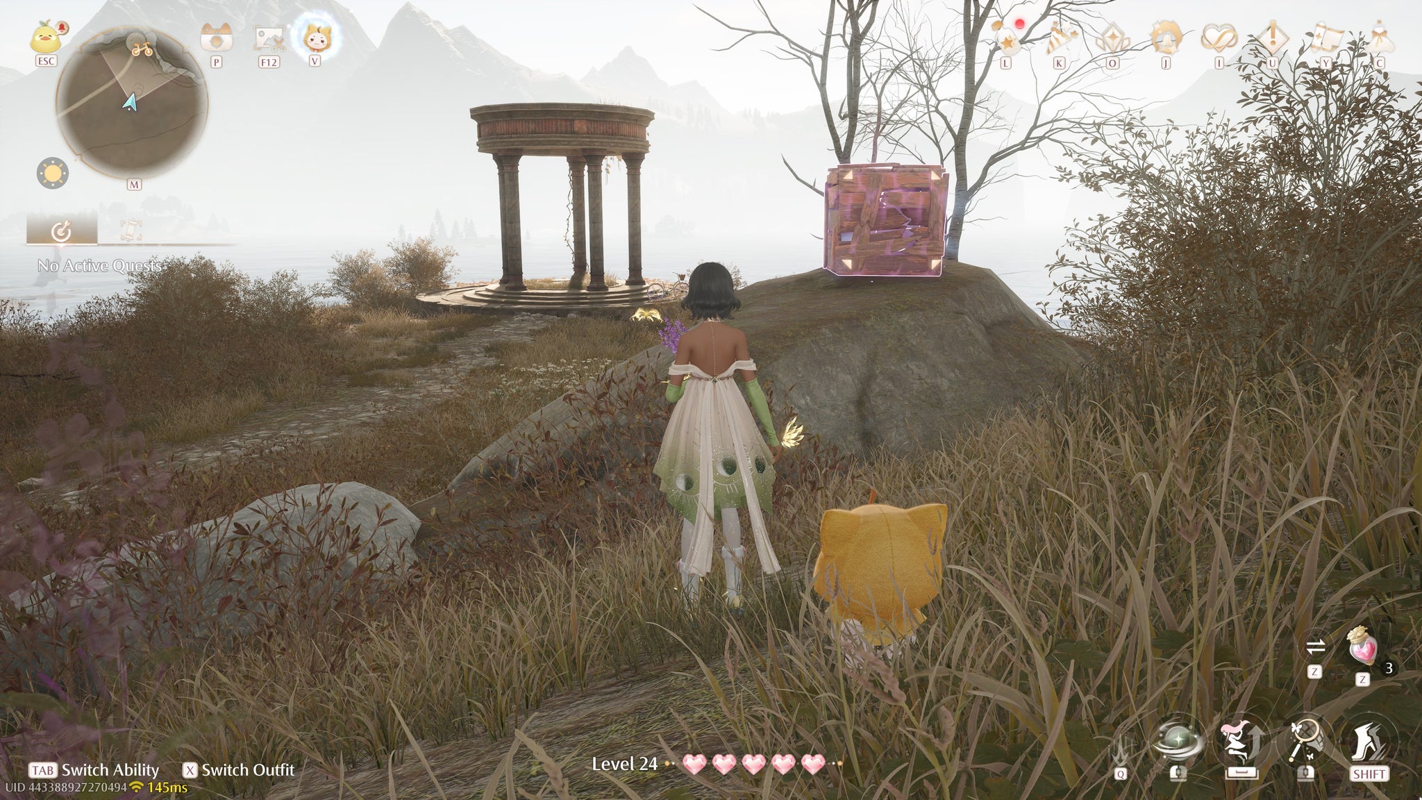 Nikki in Infinity Nikki in the process of collecting a Whimstar in the region of Breezy Meadow. - 85