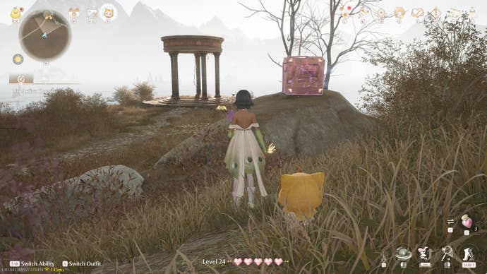 Nikki in Infinity Nikki in the process of collecting a Whimstar in the region of Breezy Meadow.