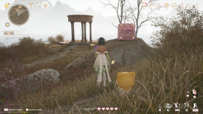 Nikki in Infinity Nikki in the process of collecting a Whimstar in the region of Breezy Meadow.