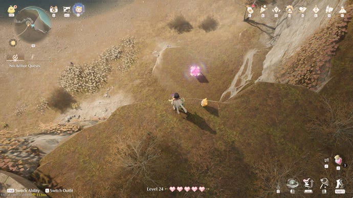 Nikki in Infinity Nikki in the process of collecting a Whimstar in the region of Breezy Meadow.