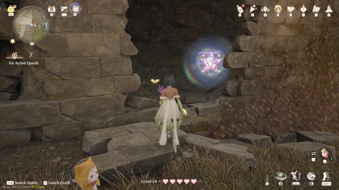 Nikki in Infinity Nikki in the process of collecting a Whimstar in the region of Breezy Meadow.