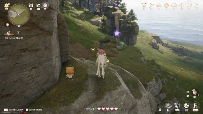 Nikki in Infinity Nikki in the process of collecting a Whimstar in the region of Breezy Meadow.