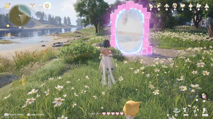 Nikki in Infinity Nikki in the process of collecting a Whimstar in the region of Breezy Meadow.