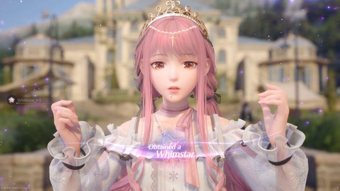 Nikki in the process of collecting a Florawish Whimstar in Infinity Nikki.