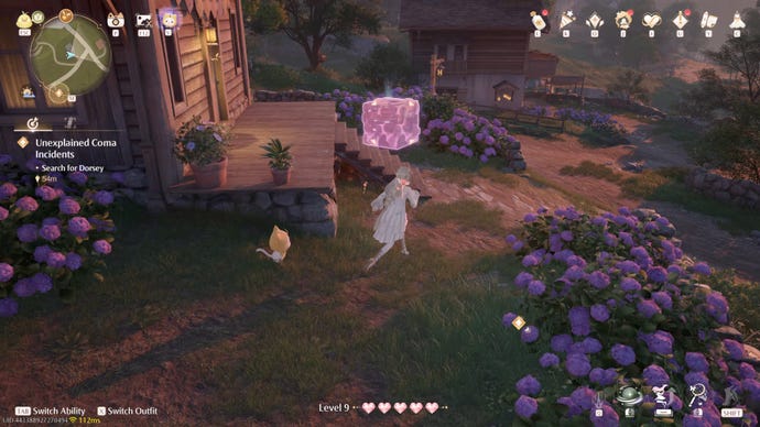 Nikki in the process of collecting a Florawish Whimstar in Infinity Nikki.