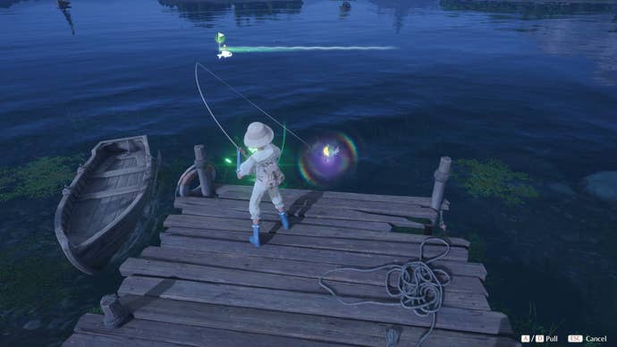 Nikki in the process of collecting a Florawish Whimstar in Infinity Nikki.