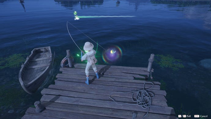 Nikki in the process of collecting a Florawish Whimstar in Infinity Nikki.