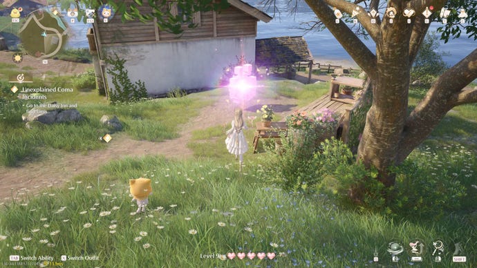 Nikki in the process of collecting a Florawish Whimstar in Infinity Nikki.