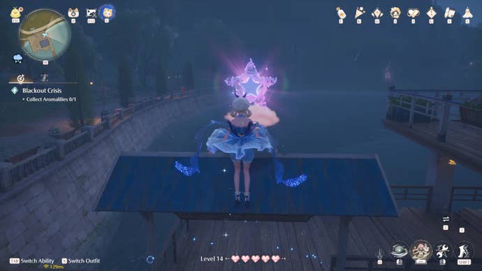 Nikki in the process of collecting a Florawish Whimstar in Infinity Nikki.