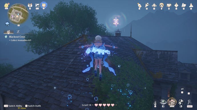 Nikki in the process of collecting a Florawish Whimstar in Infinity Nikki.