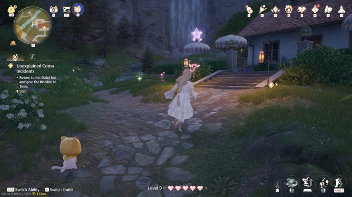 Nikki in the process of collecting a Florawish Whimstar in Infinity Nikki.