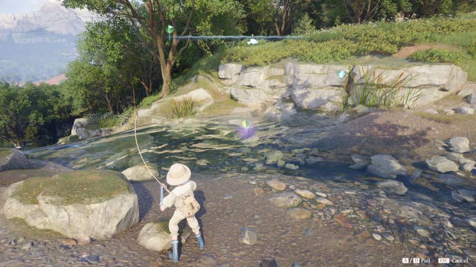 Nikki in the process of collecting a Florawish Whimstar in Infinity Nikki.