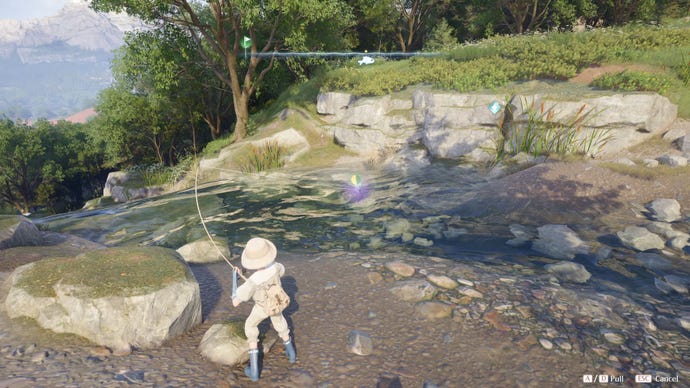 Nikki in the process of collecting a Florawish Whimstar in Infinity Nikki.