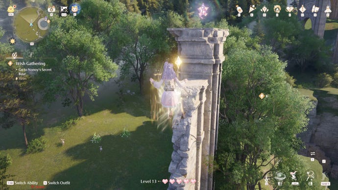 Nikki in the process of collecting a Florawish Whimstar in Infinity Nikki.