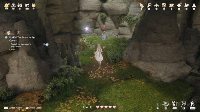 Nikki in the process of collecting a Florawish Whimstar in Infinity Nikki.