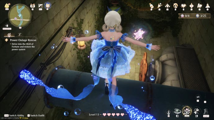 Nikki in the process of collecting a Florawish Whimstar in Infinity Nikki.