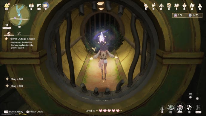 Nikki in the process of collecting a Florawish Whimstar in Infinity Nikki.