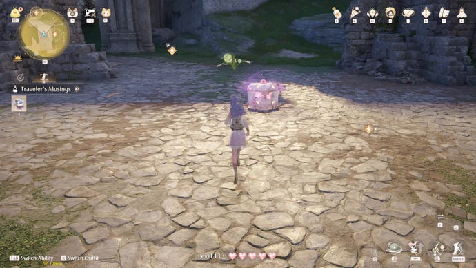 Nikki in the process of collecting a Florawish Whimstar in Infinity Nikki.