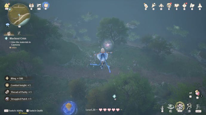 Nikki in the process of collecting a Florawish Whimstar in Infinity Nikki.