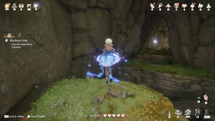 Nikki in the process of collecting a Florawish Whimstar in Infinity Nikki.