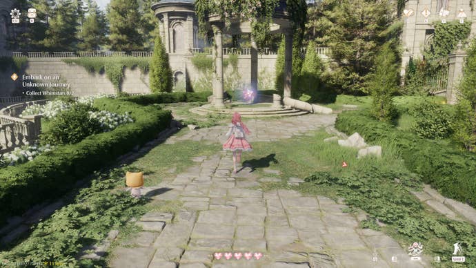 Nikki in Infinity Nikki approaches a stone pavilion in a garden containing a Whimstar.