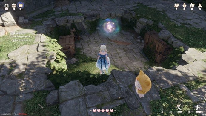 Nikki in Infinity Nikki approaches a Whimstar in a hole in the ground.