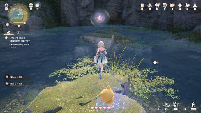 Nikki in Infinity Nikki hops across the river towards a Whimstar.